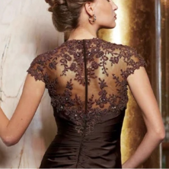 Jade Couture Dresses & Skirts - Jade Couture Long Queen Anne Neckline Satin Face Chiffon & Lace MOB Dress